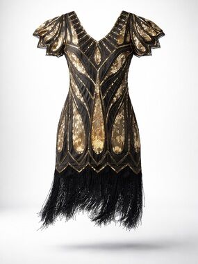 Black and Gold Sequin Fringe Mini Dress